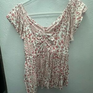 Japna White & Red Floral Ruched V-Neck Blouse